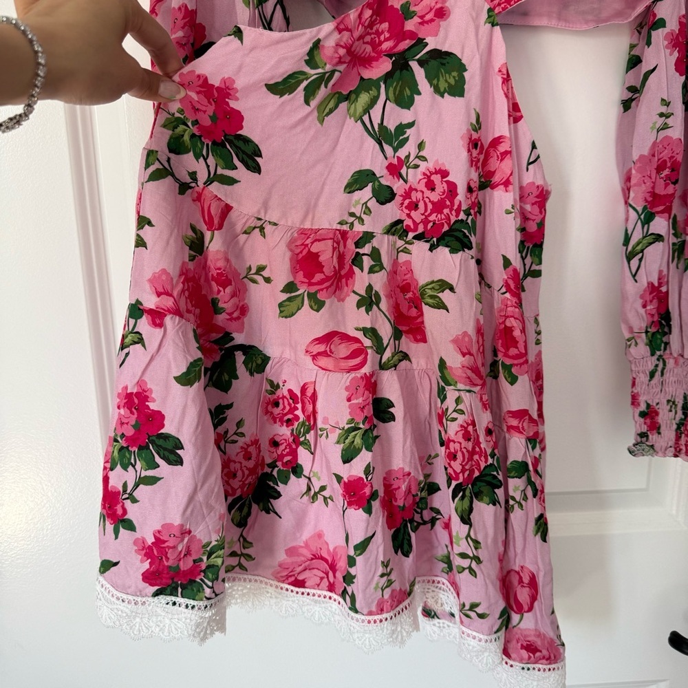 Barbie Pink Rose Floral LoveShackFancy style Mini Cut Out Flowy Summer Dress XS - Picture 12 of 13